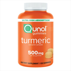 Qunol gomitas turmeric frontal, envase y dosis visible