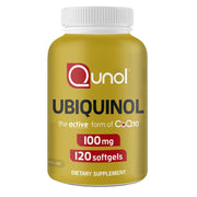 Qunol frasco frontal mostrando 120 cápsulas, claro beneficio de reposición diaria