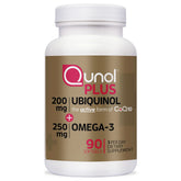 Qunol envase frontal mostrando ubiquinol y omega-3, beneficio: claridad de fórmula