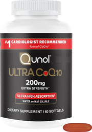 Qunol front packaging showing product name and 200mg strength, clear benefits