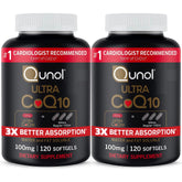 Qunol frasco frontal mostrando 240 softgels y beneficio de suministro prolongado