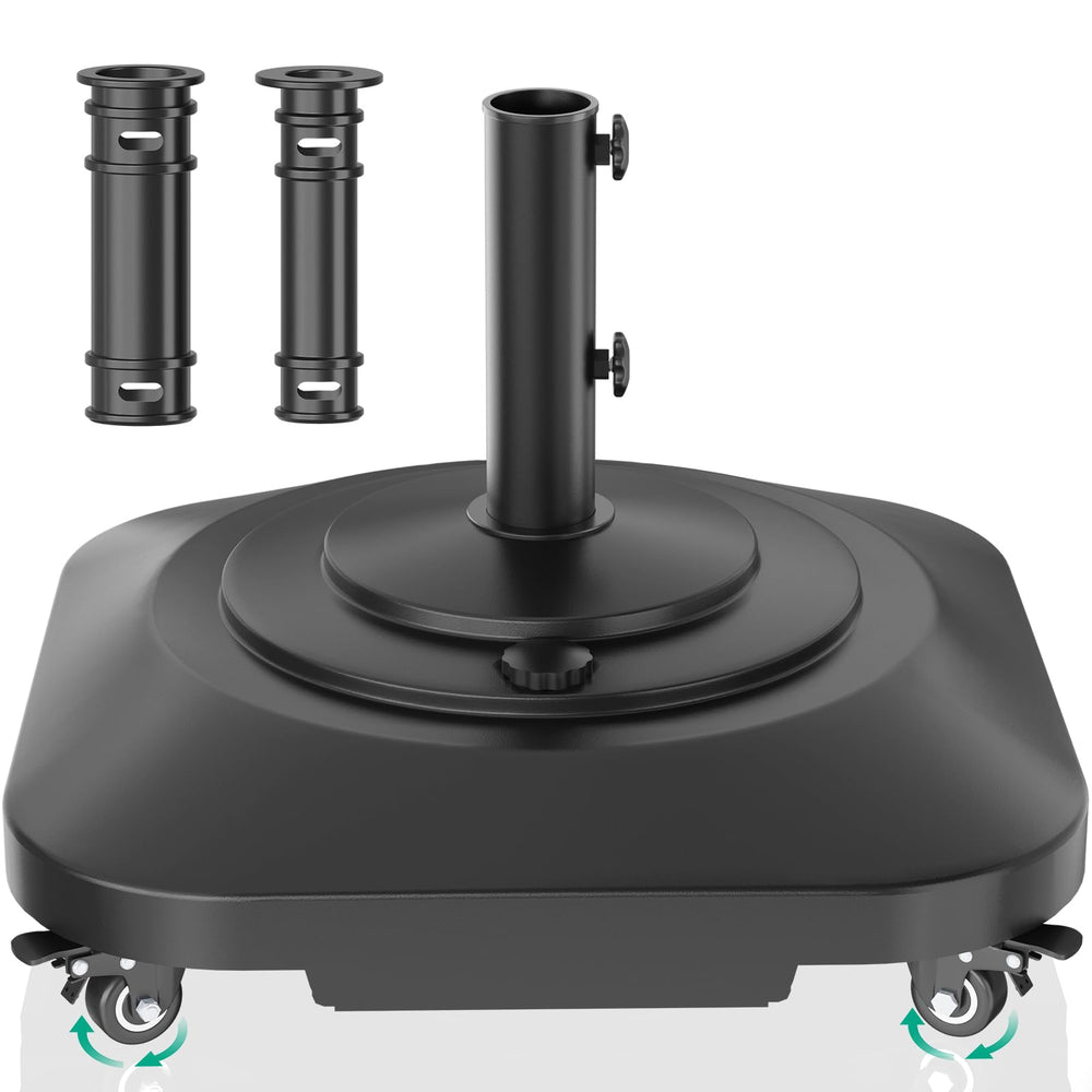 QZER umbrella base front view showing stable wide footprint and finish
