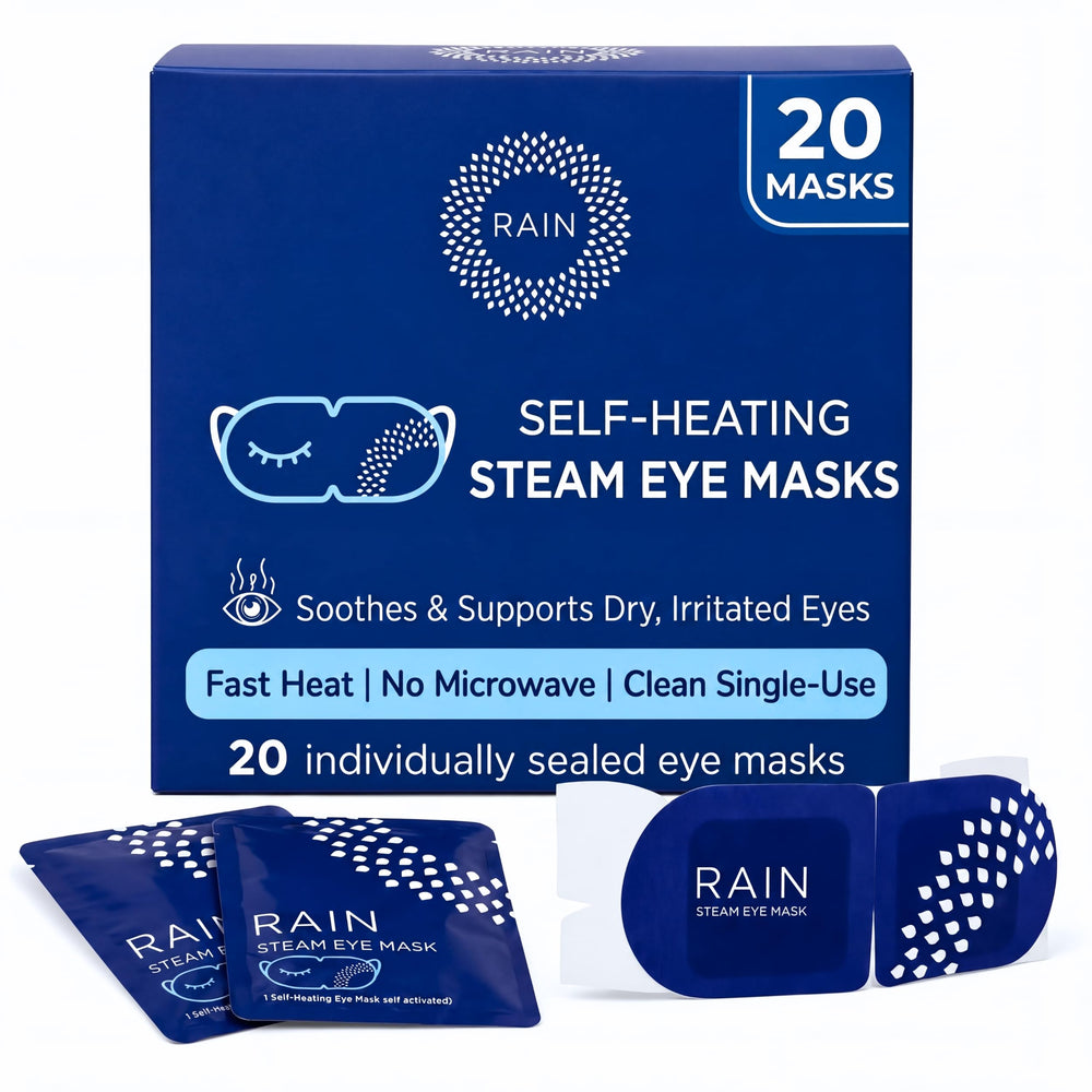 Rain empaque frontal mostrando 20 mascarillas y conveniencia de uso