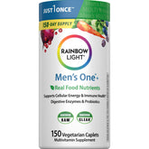 Rainbow Light frente del empaque Mens One+ mostrando 150 caplets y beneficio de conveniencia