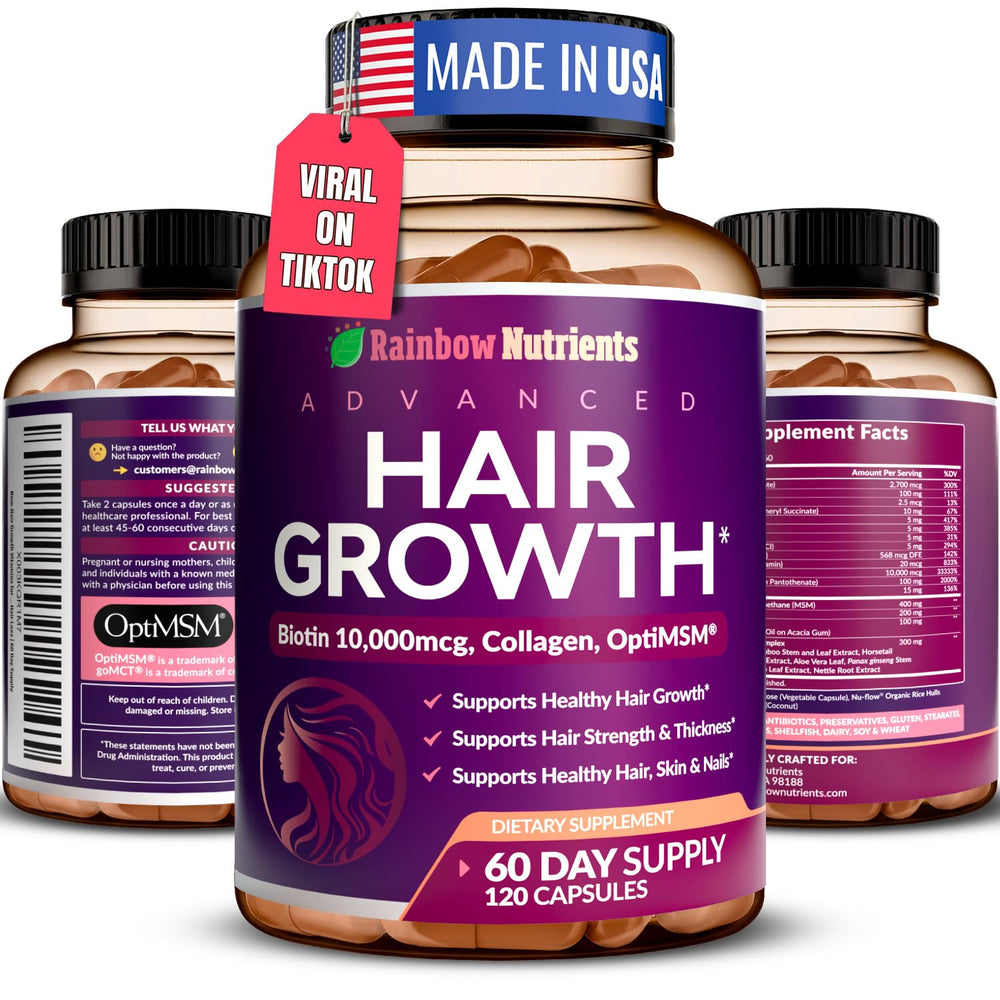 Rainbow Nutrients frasco frontal mostrando etiqueta y beneficio estético