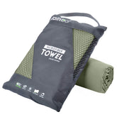 Rainleaf front packaging showing compact travel towel and carry bag for easy packing