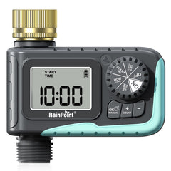 RAINPOINT front view showing brass swivel and control display for reliable watering