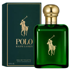 Ralph Lauren bottle front view showing deep green glass and classic label benefit: refined presentation