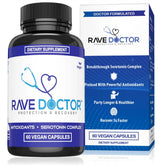 Rave Doctor bottle front view showing vegan 5-HTP capsule benefits