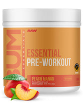 RAW tub front view showing Essential Pre Peach Mango and clear benefit of energy
