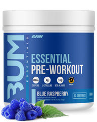 RAW Essential Pre vista frontal del envase mostrando sabor Blue Raspberry y 30 servicios