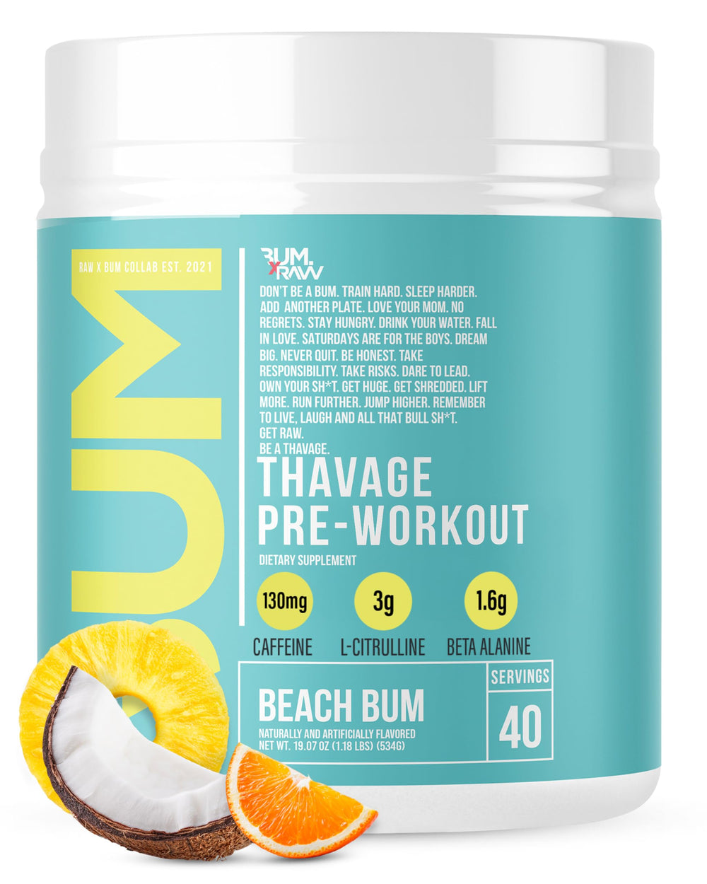 RAW Thavage Beach Bum tub front view showing branding and servings benefit