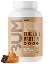 RAW front tub showing Chocolate Peanut Butter label and protein highlights