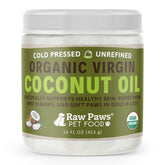 Raw Paws frasco frontal muestra aceite puro y etiqueta clara, hidratación natural
