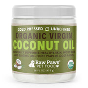 Raw Paws frasco frontal muestra aceite puro y etiqueta clara, hidratación natural