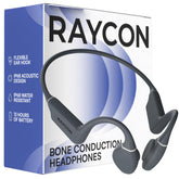 Raycon front view gray showing open-ear frame and clean profile for safe listening