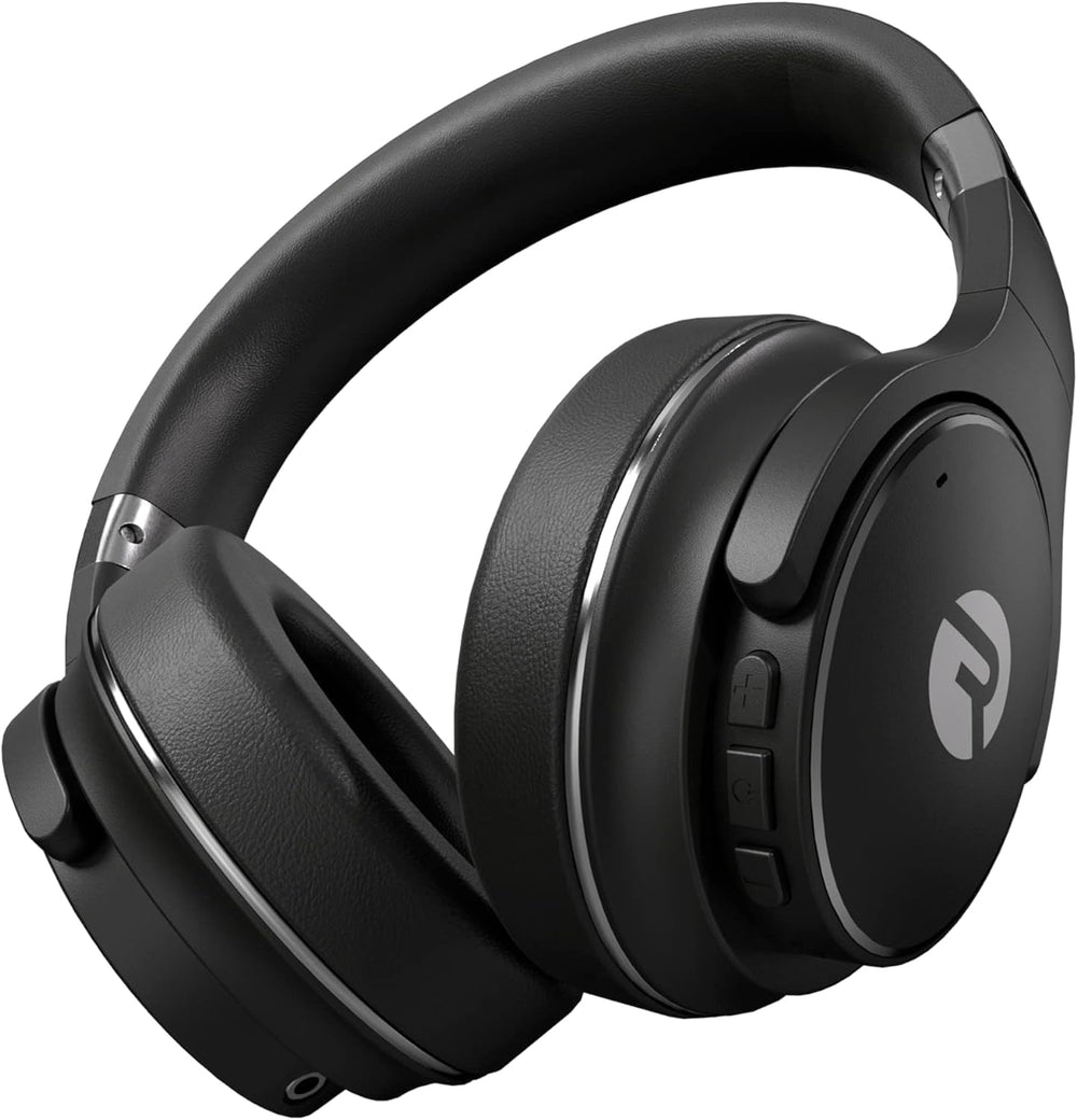 Raycon front view showing black over-ear design and clean lines for travel