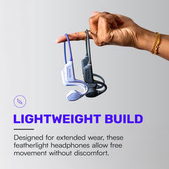 Raycon scale comparison with hand illustrating lightweight design for all-day comfort
