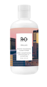 R+Co Dallas vista frontal del envase con diseño profesional y beneficio volumizante