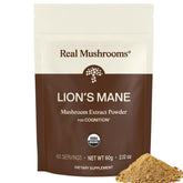 Real Mushrooms front packaging showing product and clear labeling, convenient storage benefit