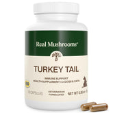 Real Mushrooms front bottle view showing organic turkey tail for pets, clear ingredient trust