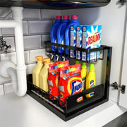 REALINN front view of under-sink organizer showing L-shaped layout and storage benefit