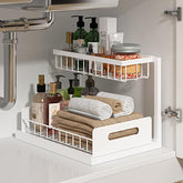 REALINN front view of under sink organizer showing neat storage benefit