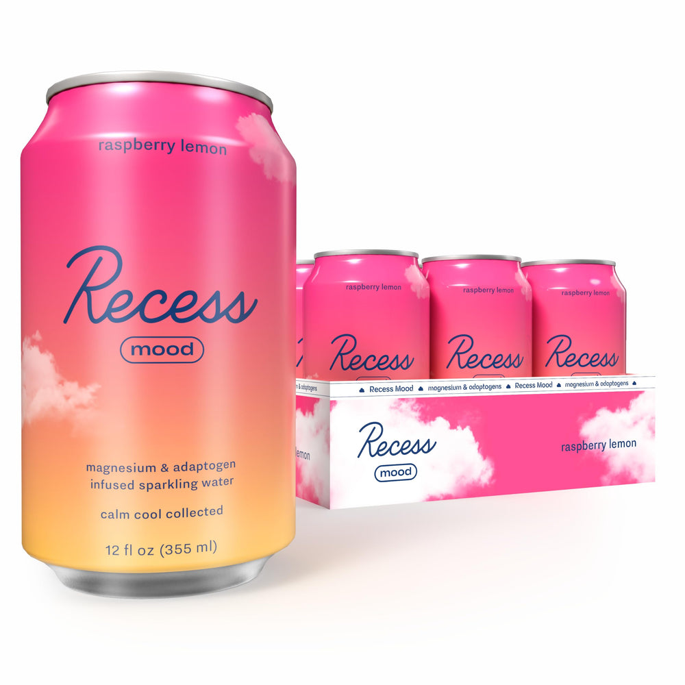 Recess can front packaging showing raspberry lemon branding and calm benefit