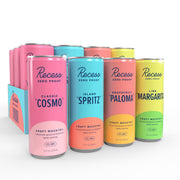 Recess sampler front packaging showing all four flavor cans and benefits