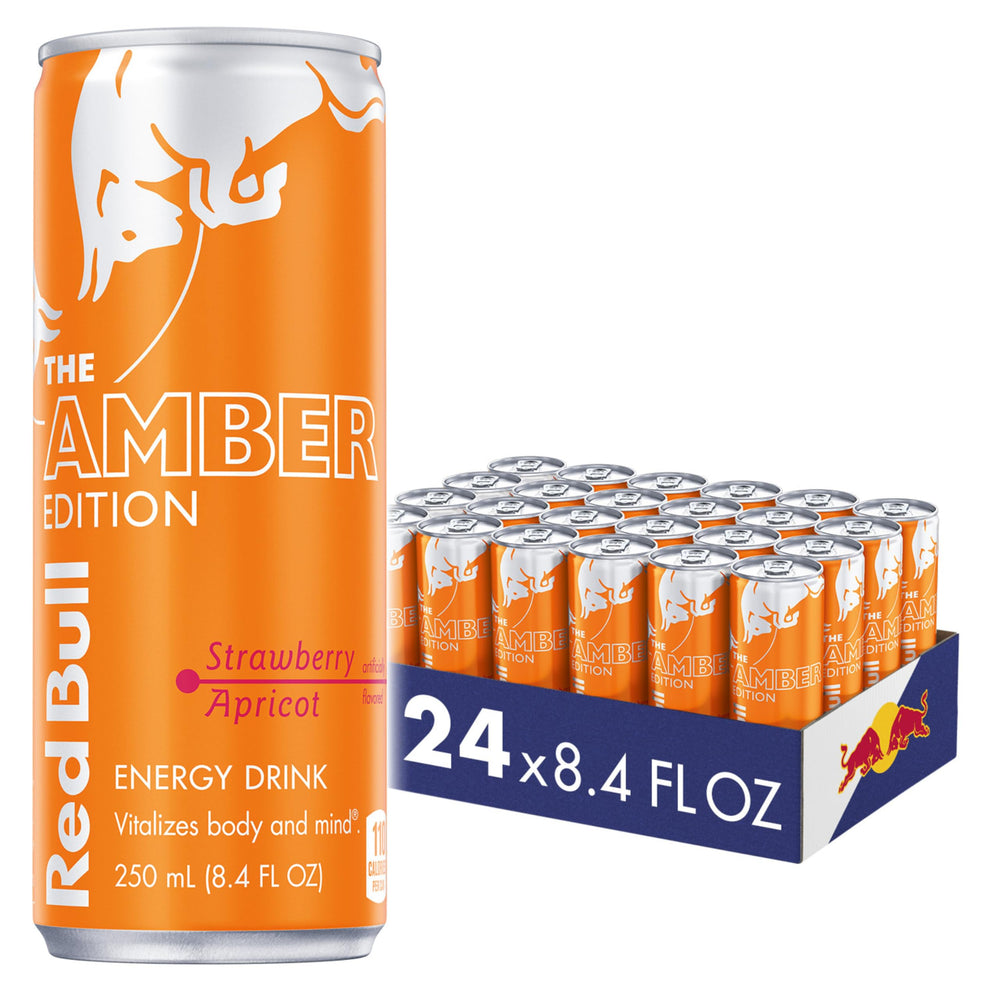 Red Bull lata Amber Edition frente mostrando diseño y sabor frutal