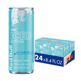 Red Bull lata frente mostrando diseño y sabor Iced Vanilla Berry refrescante