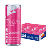 Red Bull White Peach vista frontal en lata, refresco frutal portátil Red Bull