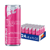 Red Bull lata White Peach al frente mostrando diseño y refresco