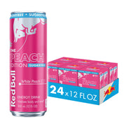 Red Bull White Peach front can showing peach design and convenient portability
