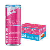 Red Bull lata White Peach vista frontal con diseño y sabor durazno