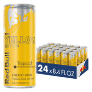 Red Bull lata frontal Yellow Edition mostrando diseño tropical y atractivo