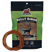 Redbarn front packaging showing three 4-inch bully stick rings and benefits