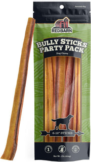Redbarn paquete frente mostrando bully sticks y beneficio de masticado natural