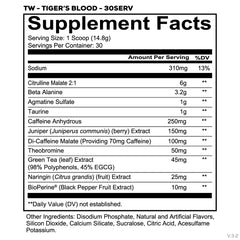 REDCON1 Tiger's Blood label close-up highlighting caffeine and key ingredients for clarity