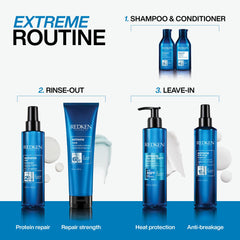 Redken Extreme junto a una regla para comparar tamaño 33.8 fl oz, ahorro y durabilidad