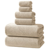 REDKISS front view of camel towel set showing neat folded stack and packaging benefit