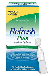 Refresh plus frente del empaque mostrando 70 viales y beneficios portátiles