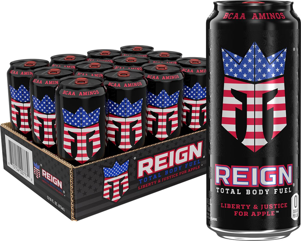 REIGN lata frontal edición Liberty & Justice for Apple con diseño patriótico y alto impacto