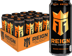 Reign lata Orange Dreamsicle frontal mostrando diseño y beneficio energizante