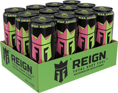 REIGN etiqueta y lista de ingredientes en primer plano, mostrando información nutricional clara