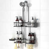 REINHARDT front view of black hanging shower caddy showing sleek organization and easy access