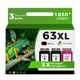 Relcolor 63XL front packaging showing 2 black and 1 color cartridges and clear labeling benefit: easy selection