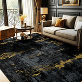 RELEANY front view of 5'x7' rug showing black gold abstract design and modern appeal
