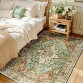 RELEANY front view of rug packaging showing brick brown green tones and vintage appeal