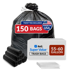 Reli. front pack view showing 150-count heavy duty trash bags and durability benefit